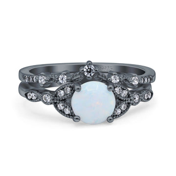 Two Piece Vintage Ring Created White Opal Black Tone 925 Sterling Silver Wholesale